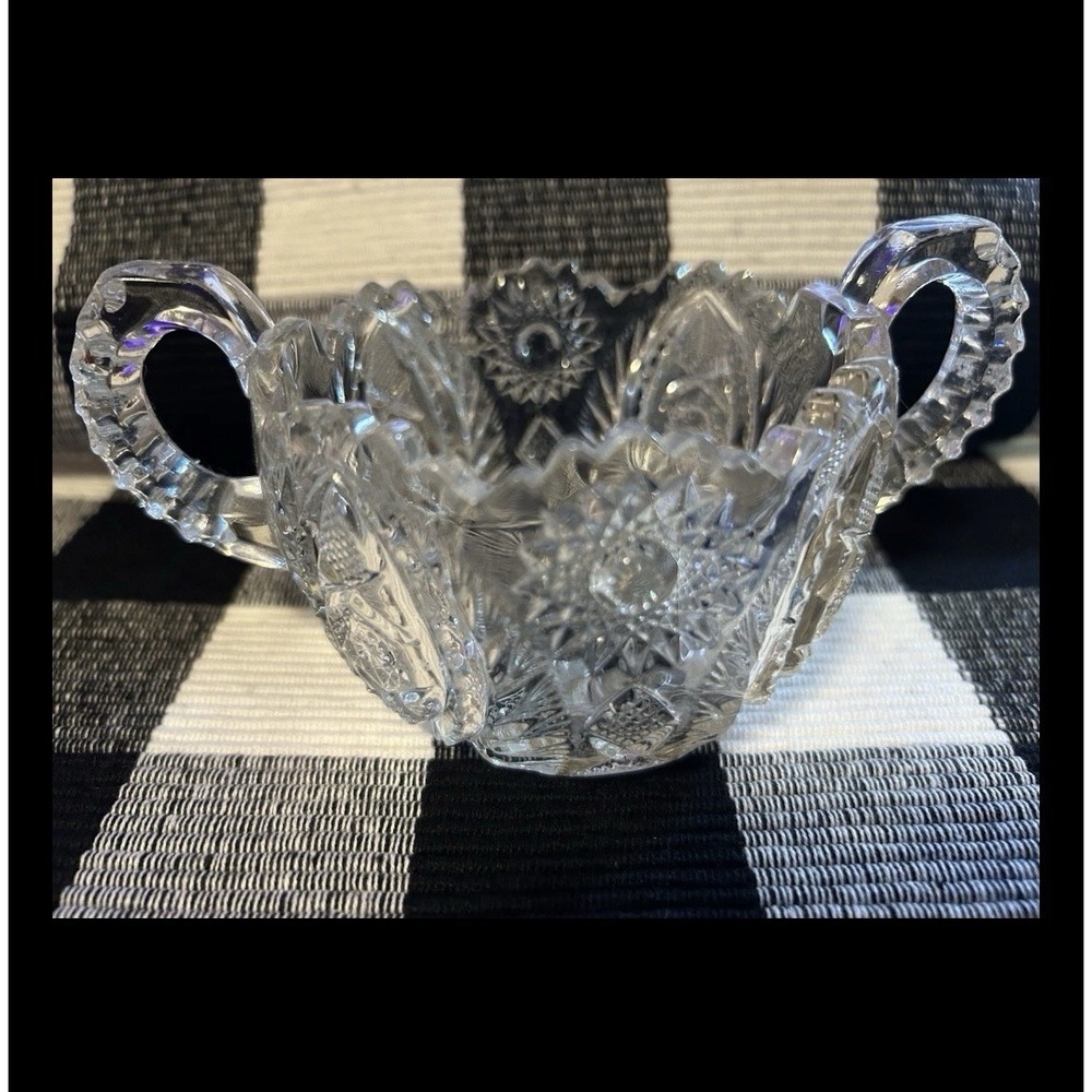 Vintage American Brilliant Cut Glass - Sugar Bowl 2 Handles Sawtooth